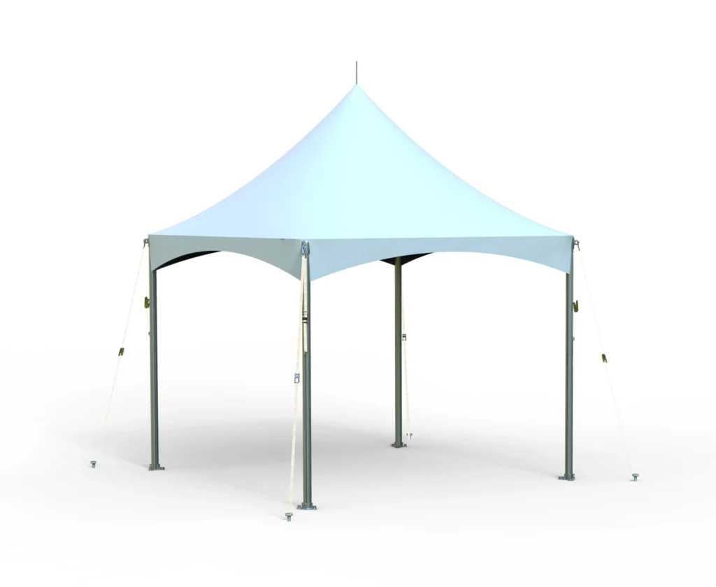 Multiple frame tents installed on sports field near stadium bleachers