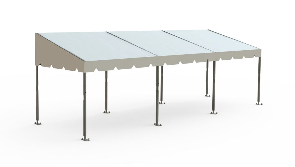 Modular white canopy rendering with adjustable frame and legs