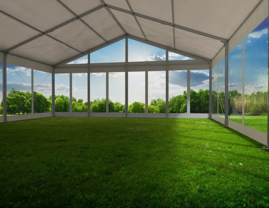 Clearspan tent interior showing high ceiling and open floor space