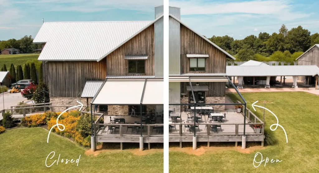 Rustic wooden house with attached pergola shading a dining area.