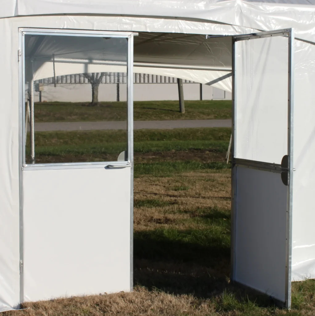 Small white entry tent – basic canopy entry structure with open sides.