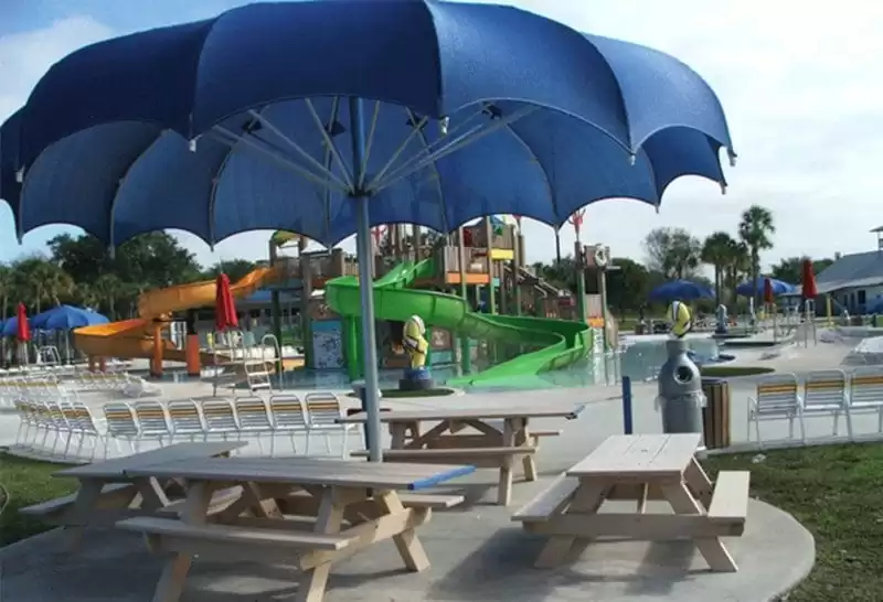 Blue shade umbrella with picnic tables Anchor Industries