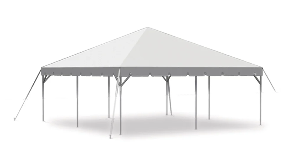 Rectangular white frame tent rendering with pitched roof design