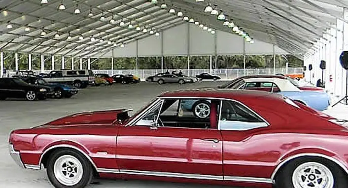 Indoor clearspan tent used for car storage and automotive shows