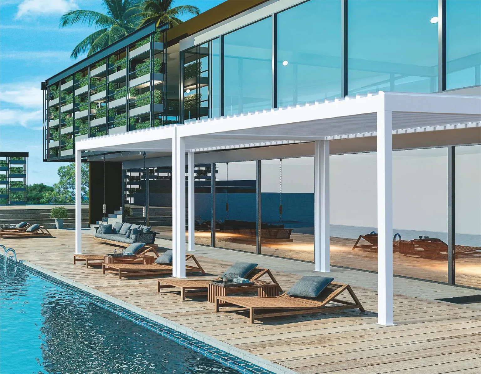 Poolside lounge area with a sleek aluminum pergola.