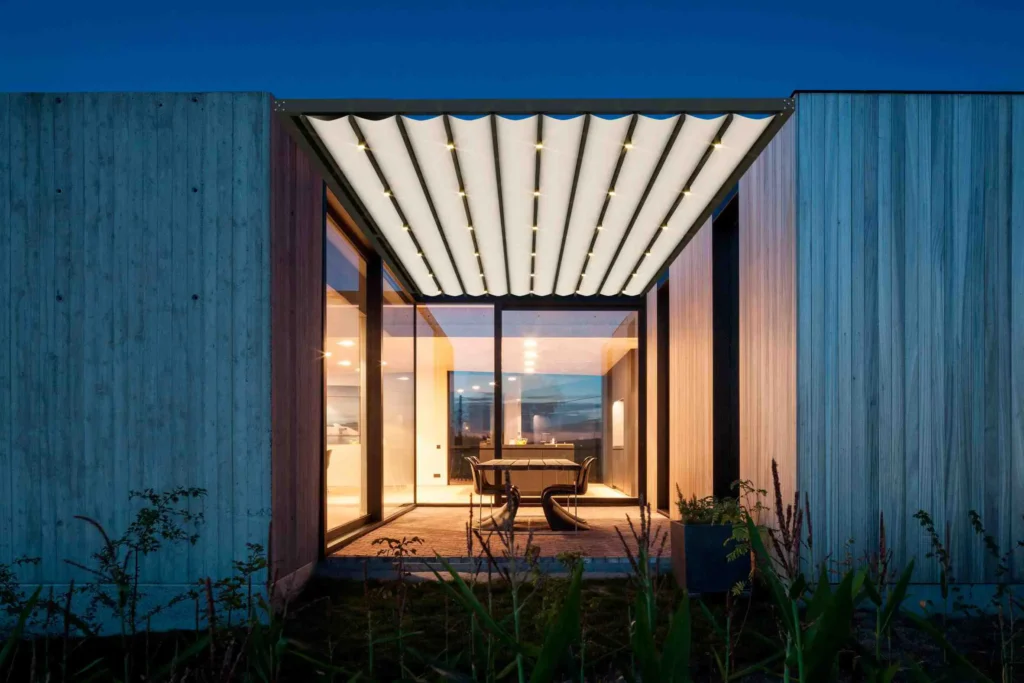 Modern Anchor Industries pergola installation with retractable roof