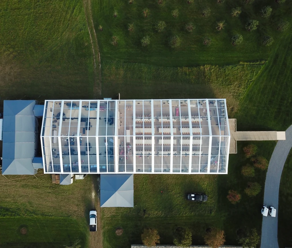 Aerial view of Anchor Industries clear span tent installation