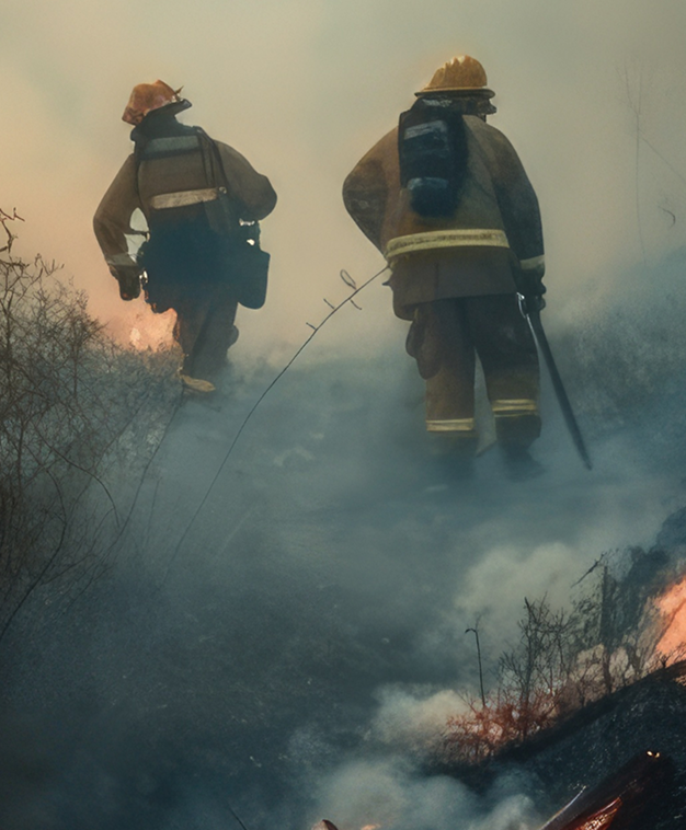 Two firefighters walking through smoke and flames during a wildfire.